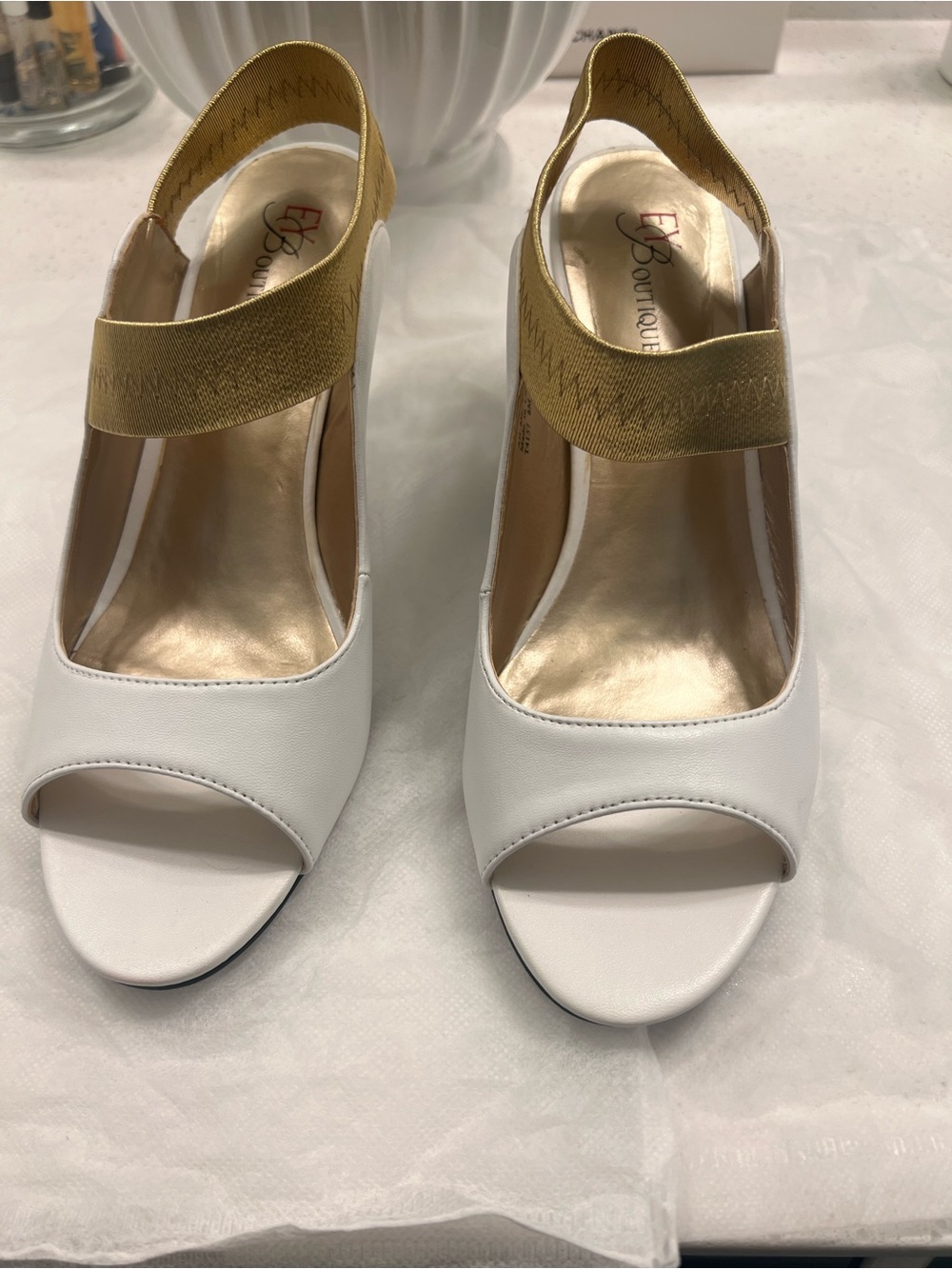 EY Boutique White Peep-Toe Slingback Heels with Gold Strap.